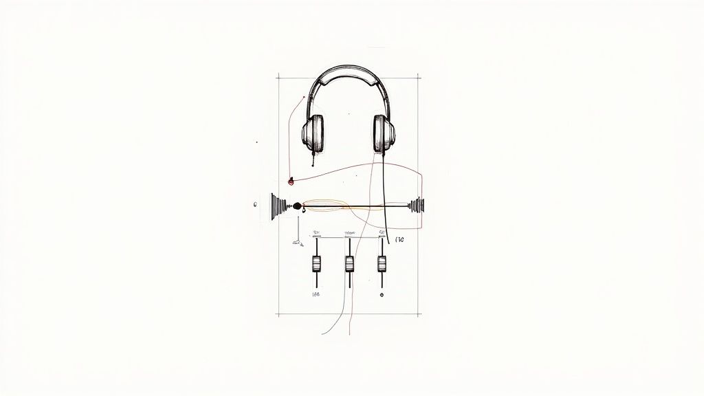A minimalist technical drawing of headphones connected to audio processing components on a white background.