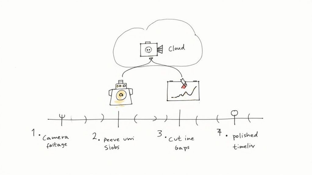 Hand-drawn diagram of a video editing workflow, showing cloud processing, automated analysis, and four steps from camera footage to polished timeline.