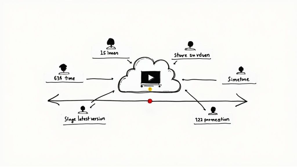 Diagram showing multiple users interacting with a central cloud-based video platform, possibly for collaboration.