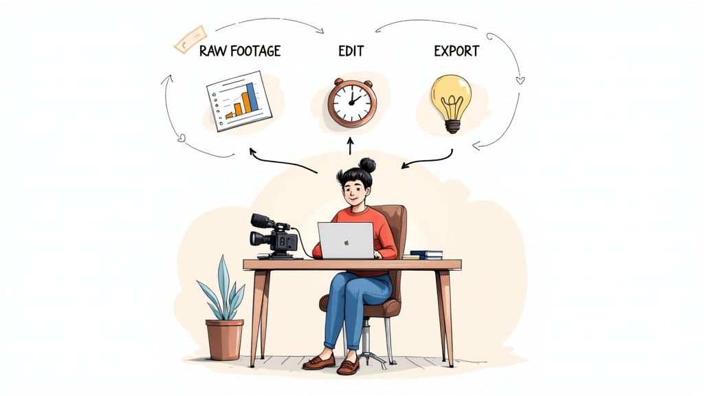 An illustrated diagram shows a person video editing with a camera and laptop, following a raw footage, edit, export workflow.