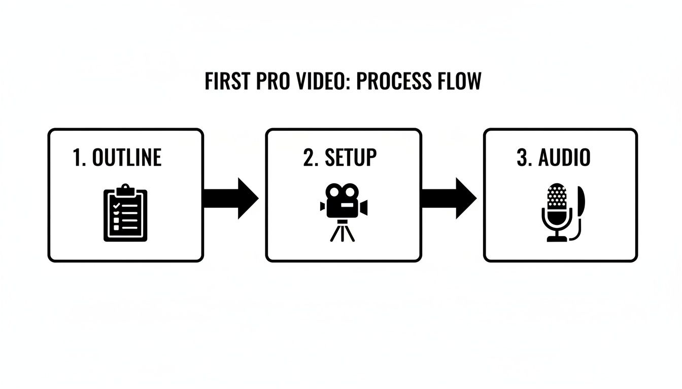 Process flow diagram for creating a professional video, showing outline, setup, and audio steps.