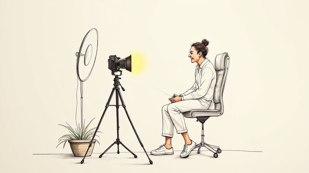 A sketch of a woman being filmed by a a camera on a tripod, with a ring light and a plant.