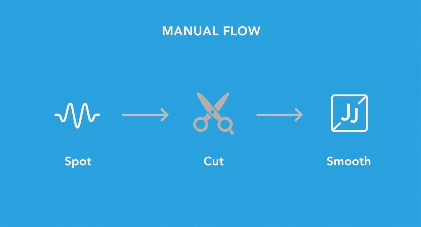 Manual video editing workflow diagram showing three steps: spot filler words, cut them out, and smooth transitions