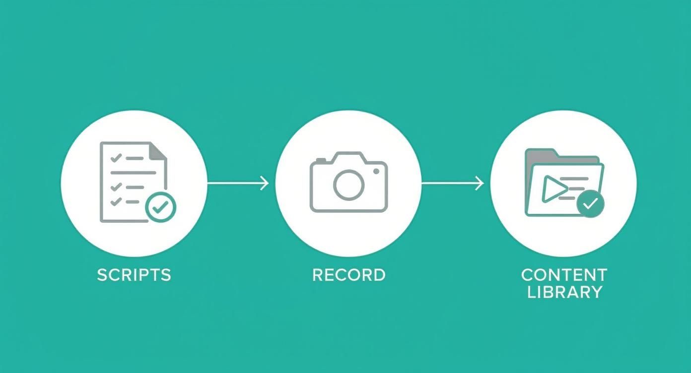 A visual workflow diagram illustrating the steps for content creation: scripts, record, and content library.