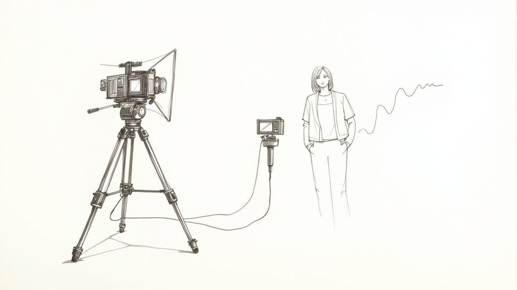 A line drawing of a camera on a tripod, a monitor, and a woman, suggesting video production.