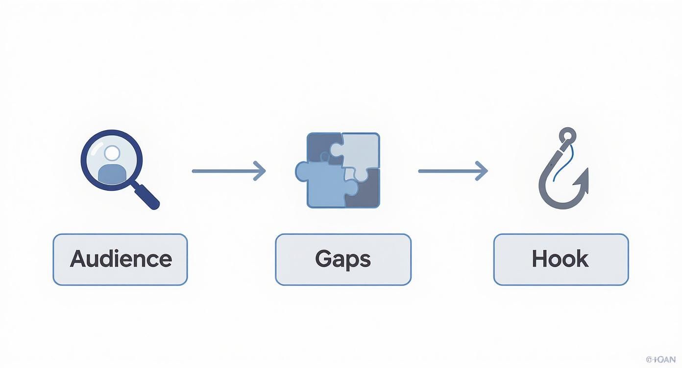 A flowchart illustrating the process of understanding an audience, identifying their gaps, and creating an engaging hook.