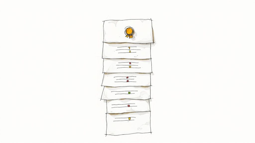 Hand-drawn illustration of stacked documents with a golden medal and colorful progress indicators.
