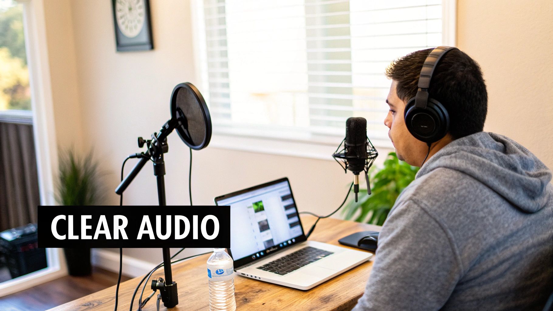 A man wearing headphones records clear audio into a studio microphone, with a laptop and water bottle on a desk.