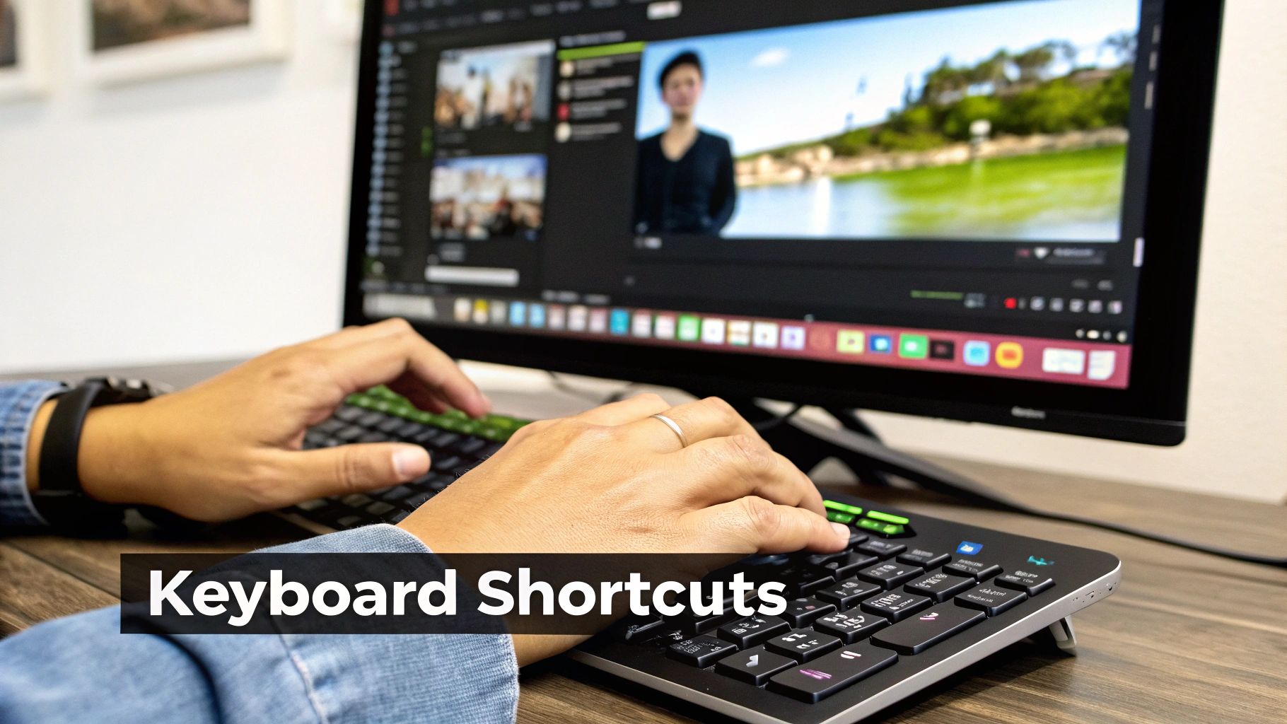 Person typing on backlit keyboard with video editing software displayed on computer monitor