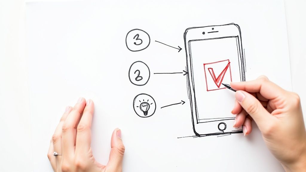 A person's hands sketching a smartphone with a red checkmark, numbered steps, and a lightbulb icon.