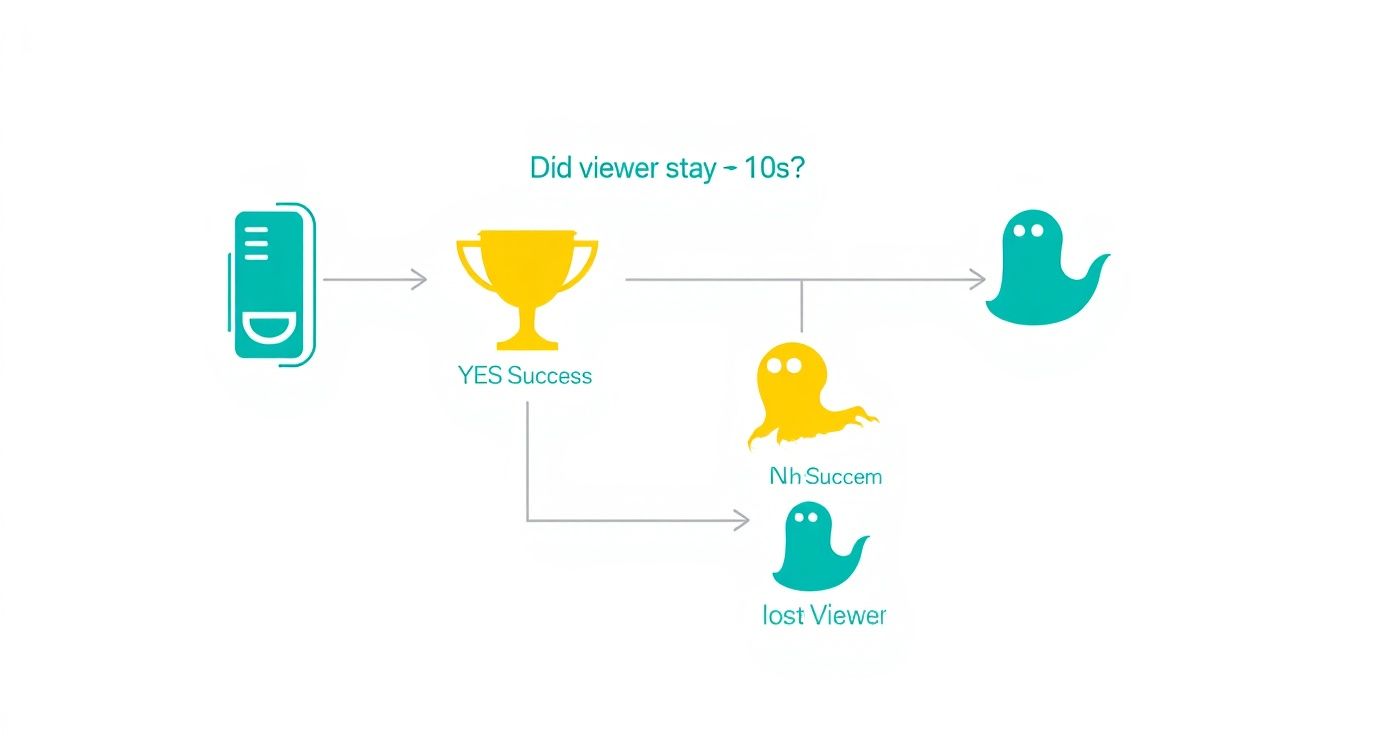 Flowchart diagram illustrating viewer engagement metrics, tracking success and lost viewers based on a 10-second stay.