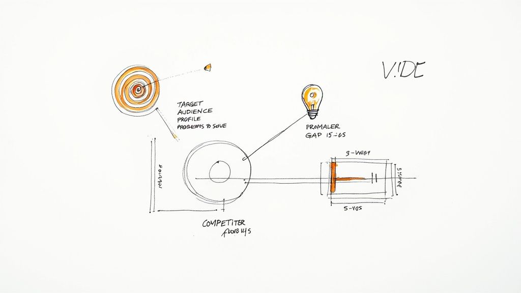 Hand-drawn business strategy diagram illustrating target audience, competitor analysis, market gap, and ideas.