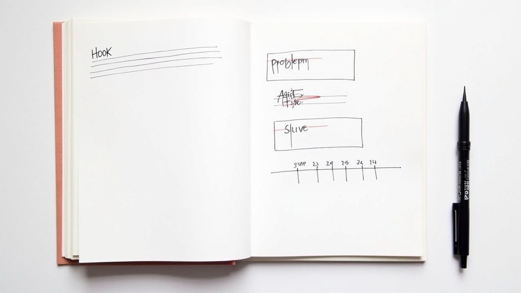 An open notebook with handwritten notes, including 'Hook', 'Problem', and 'Solve', beside a black pen.