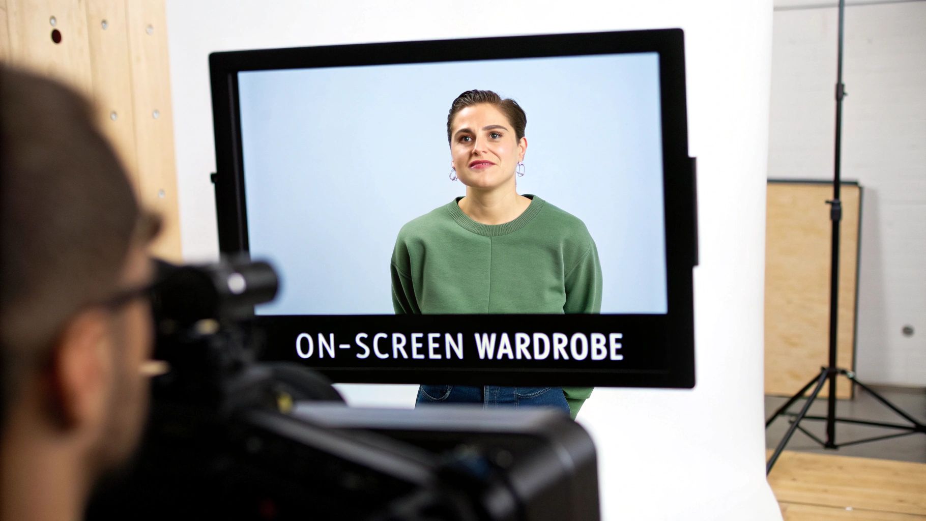 A camera operator films a woman in a green sweatshirt, displayed on a monitor with text 'ON-SCREEN WARDROBE'.