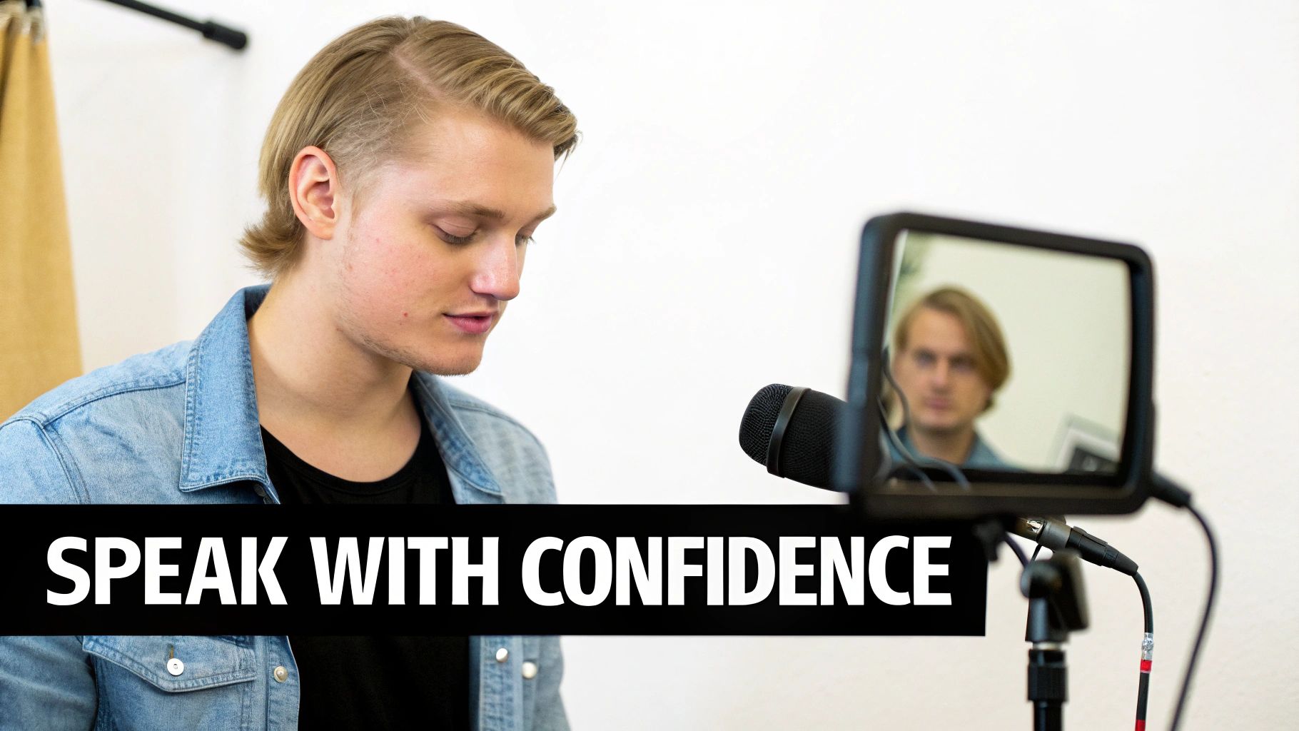 Young content creator recording video with microphone and monitor for confident speaking practice