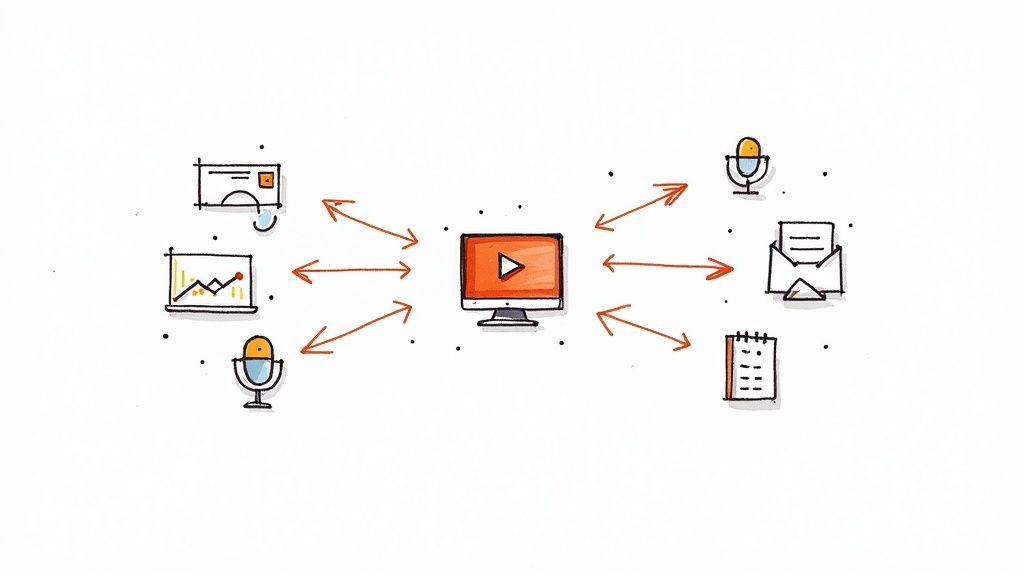 Illustrative diagram depicting a video on a monitor being repurposed into multiple content types.