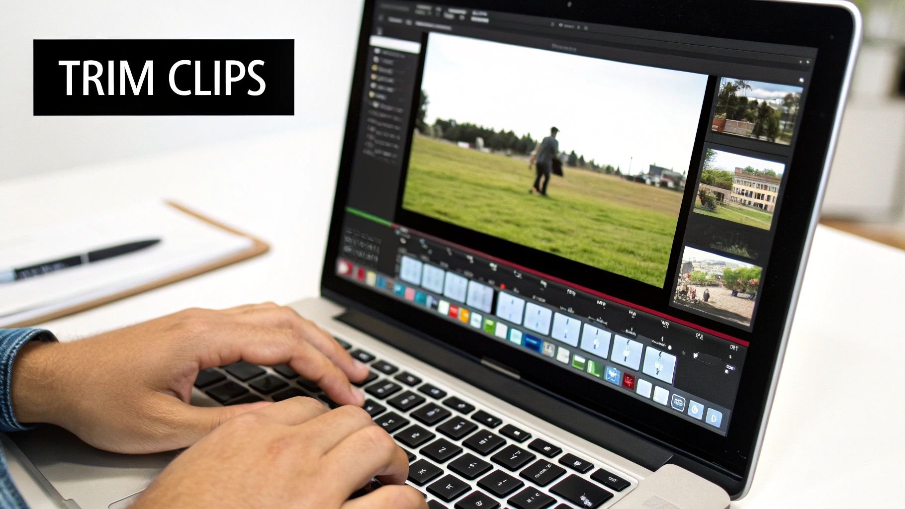 Hands actively trimming video clips on a laptop screen displaying editing software.