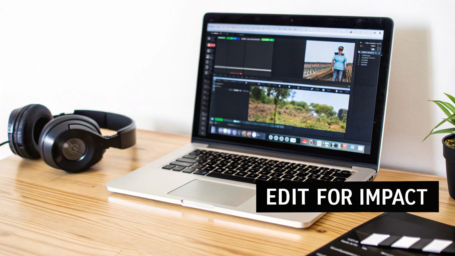 A laptop displays video editing software with clips, headphones, and a clapperboard on a wooden desk.