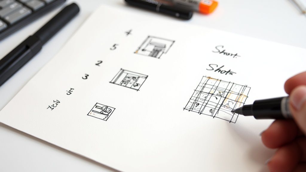 A hand sketches 'Short Shots' storyboard and numbered layout diagrams on white paper with a black marker.
