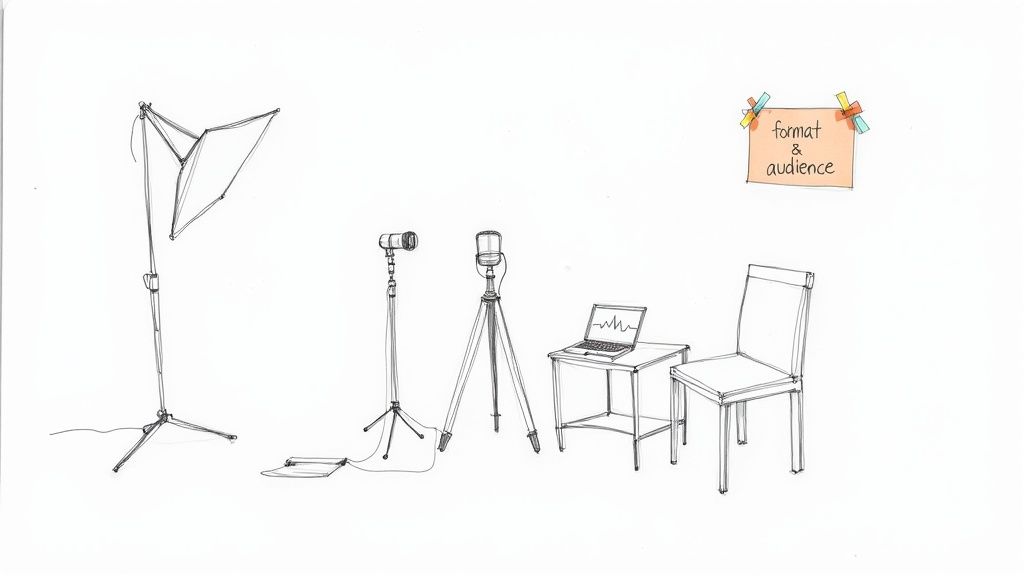 A sketch depicts a video podcast recording setup with lighting, two microphones, a laptop, and a chair.