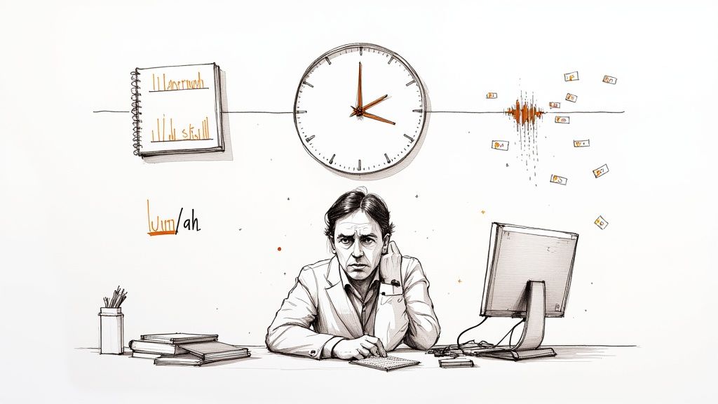 A sketch of a man at a desk with a computer, surrounded by a clock, a notebook, and sound wave graphics.