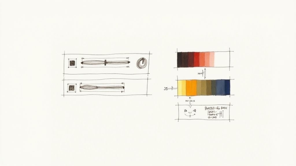 Hand-drawn sketches of control sliders and color palettes for video editing software interface design.