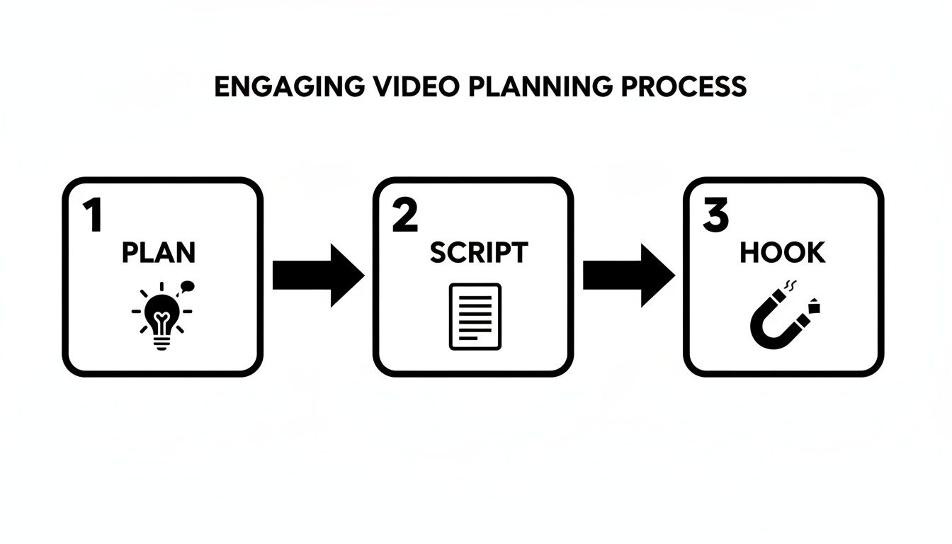 A three-step process for engaging video planning, showing Plan, Script, and Hook.