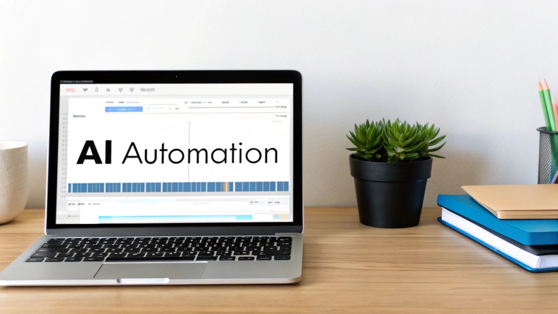 Laptop displaying AI Automation text on screen with plant and books on wooden desk