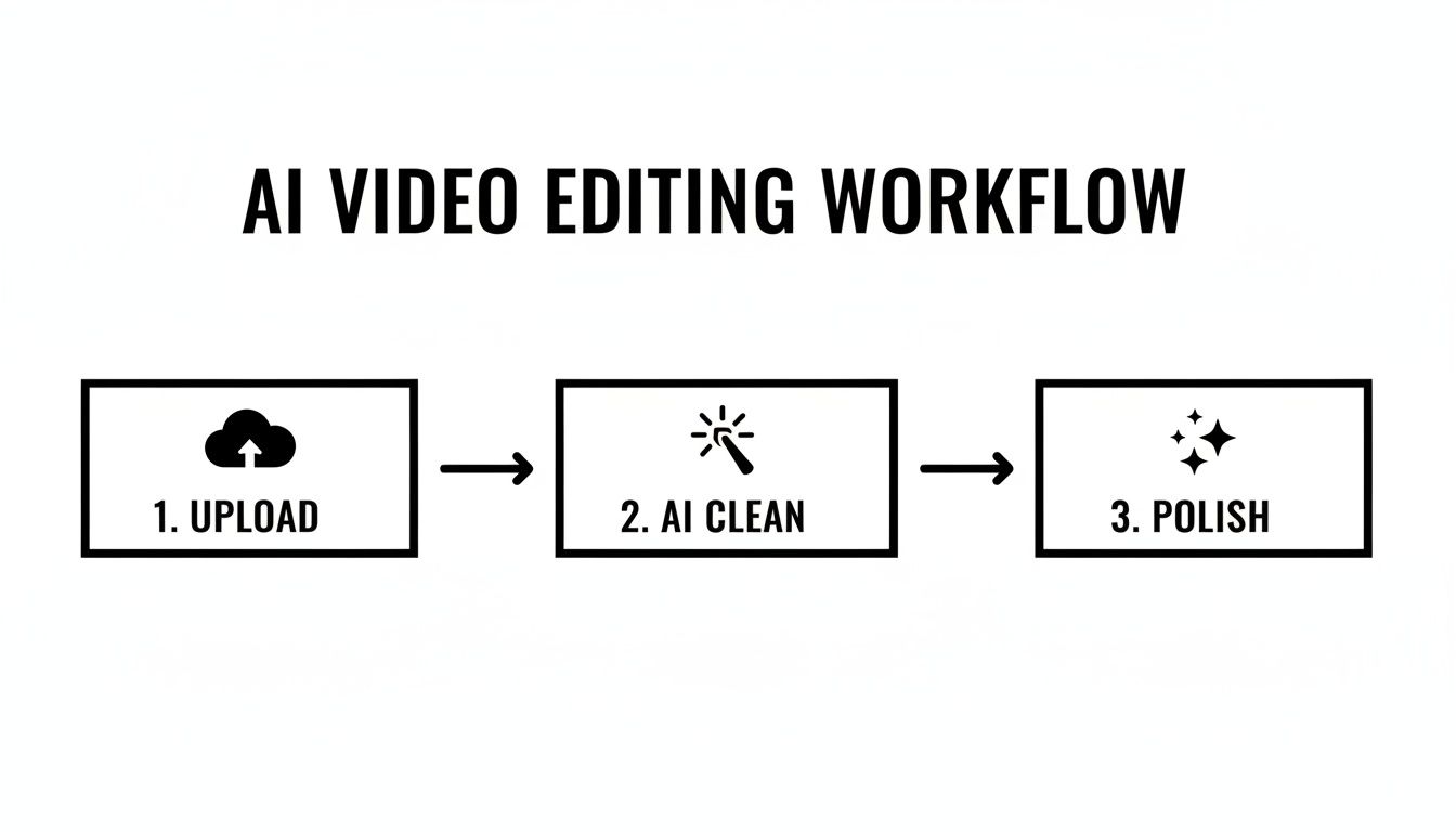 A visual three-step AI video editing workflow showing upload, AI clean, and polish stages.