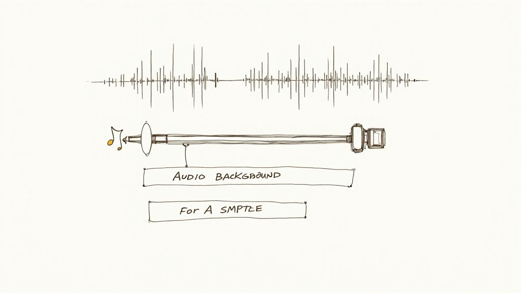 Hand-drawn sketch of an audio waveform, a musical note, and text 'Audio Background for a SMPTLE'.