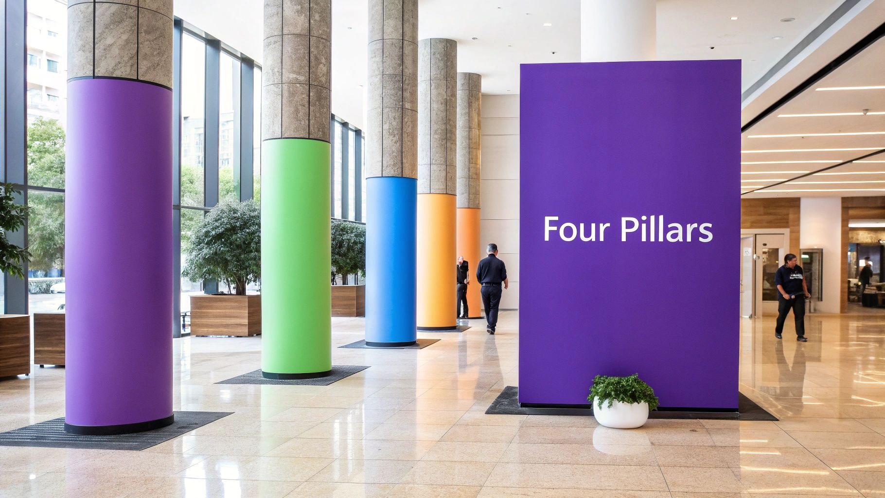 Four abstract pillars standing strong, representing the foundational elements of digital transformation strategy.