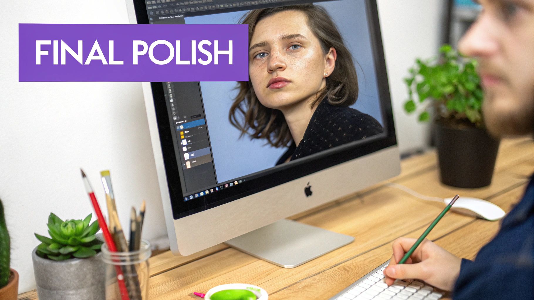 A before-and-after comparison showing an AI avatar being enhanced through post-processing.