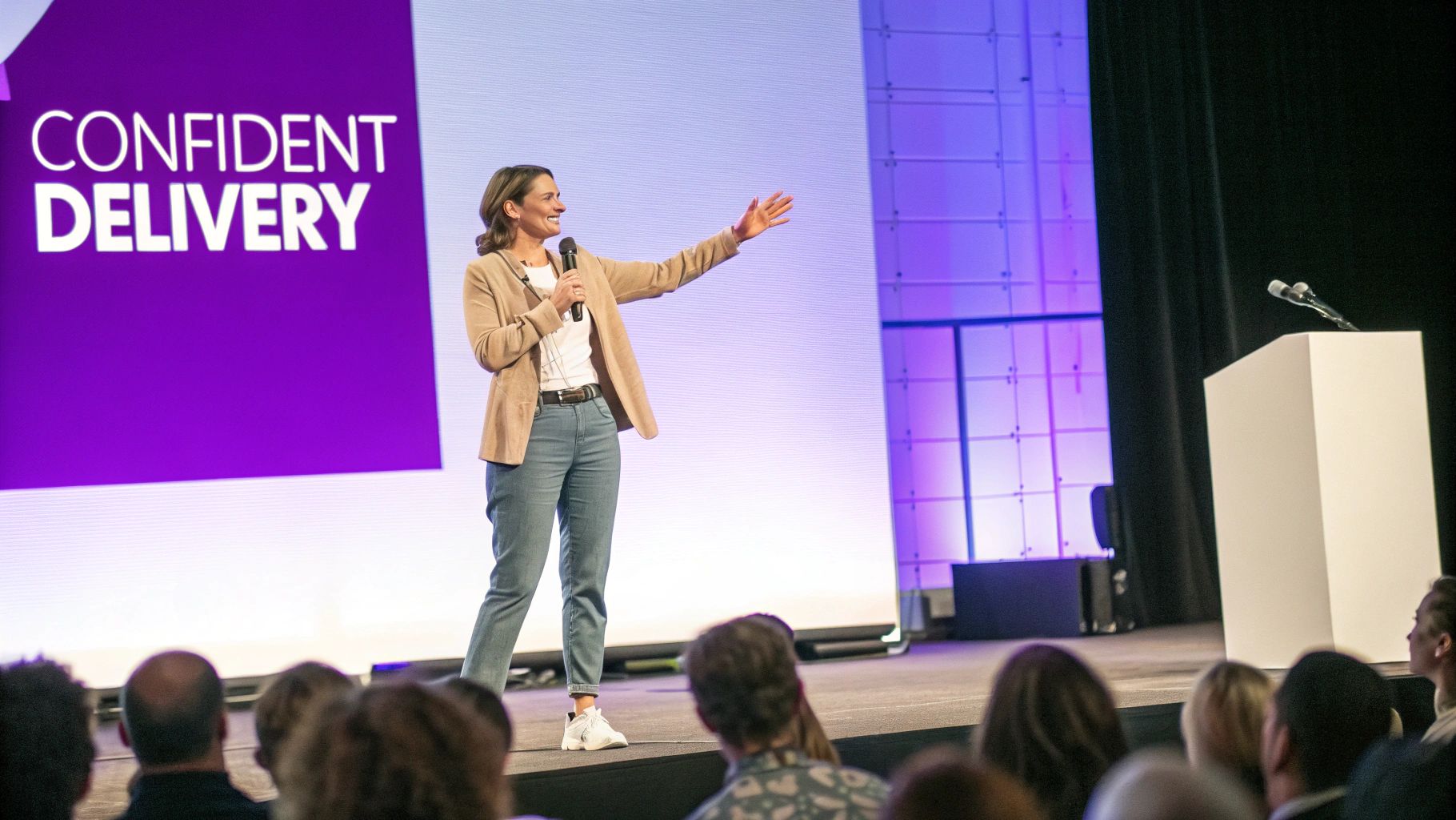 A confident speaker on stage, using open body language to connect with the audience.