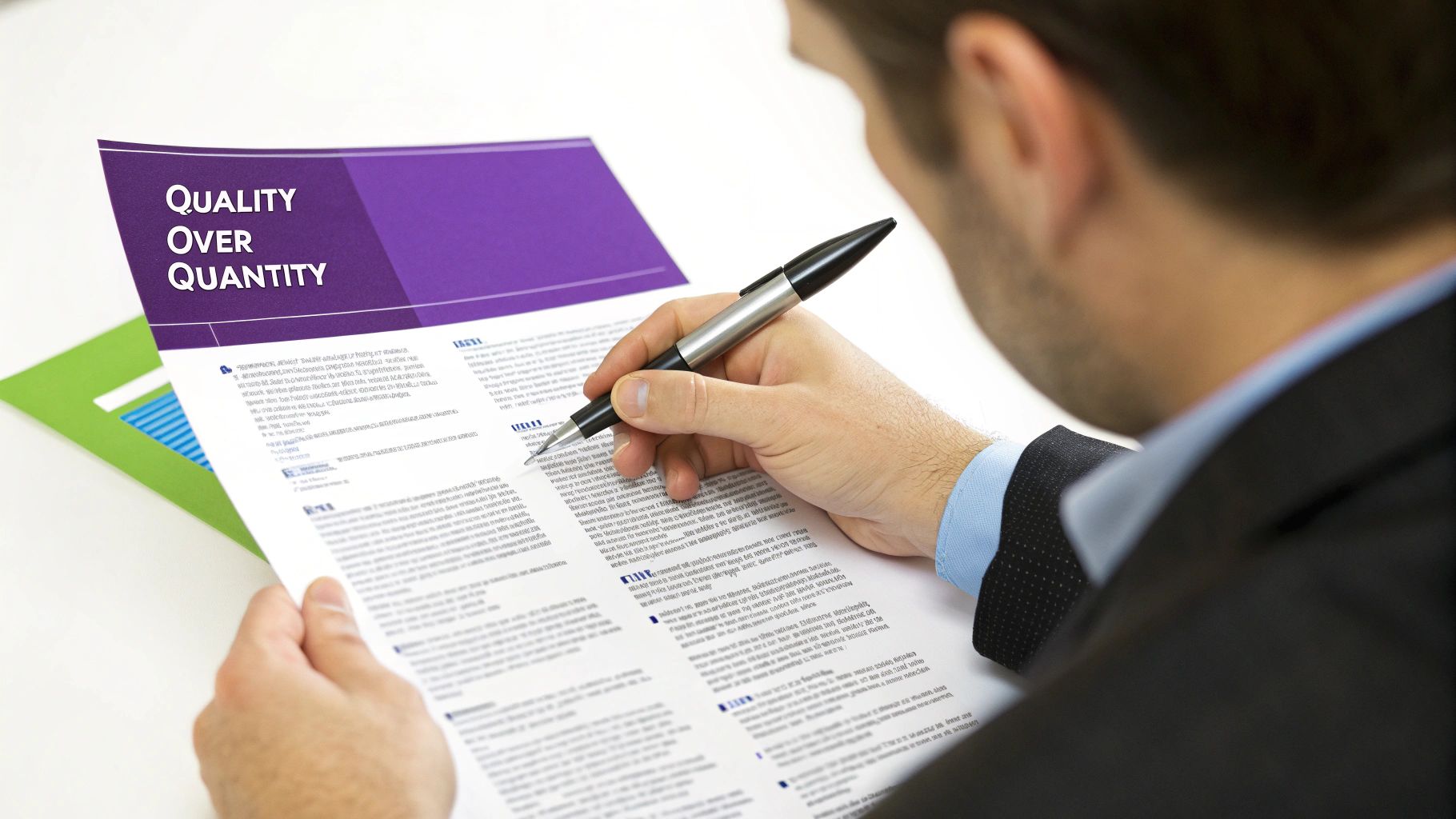 A magnifying glass is held over a job description on a computer screen, highlighting key phrases and requirements.