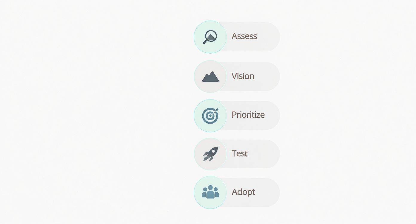 Infographic outlining the 5-step digital transformation roadmap: Assess, Vision, Prioritize, Test, and Adopt, with corresponding icons.