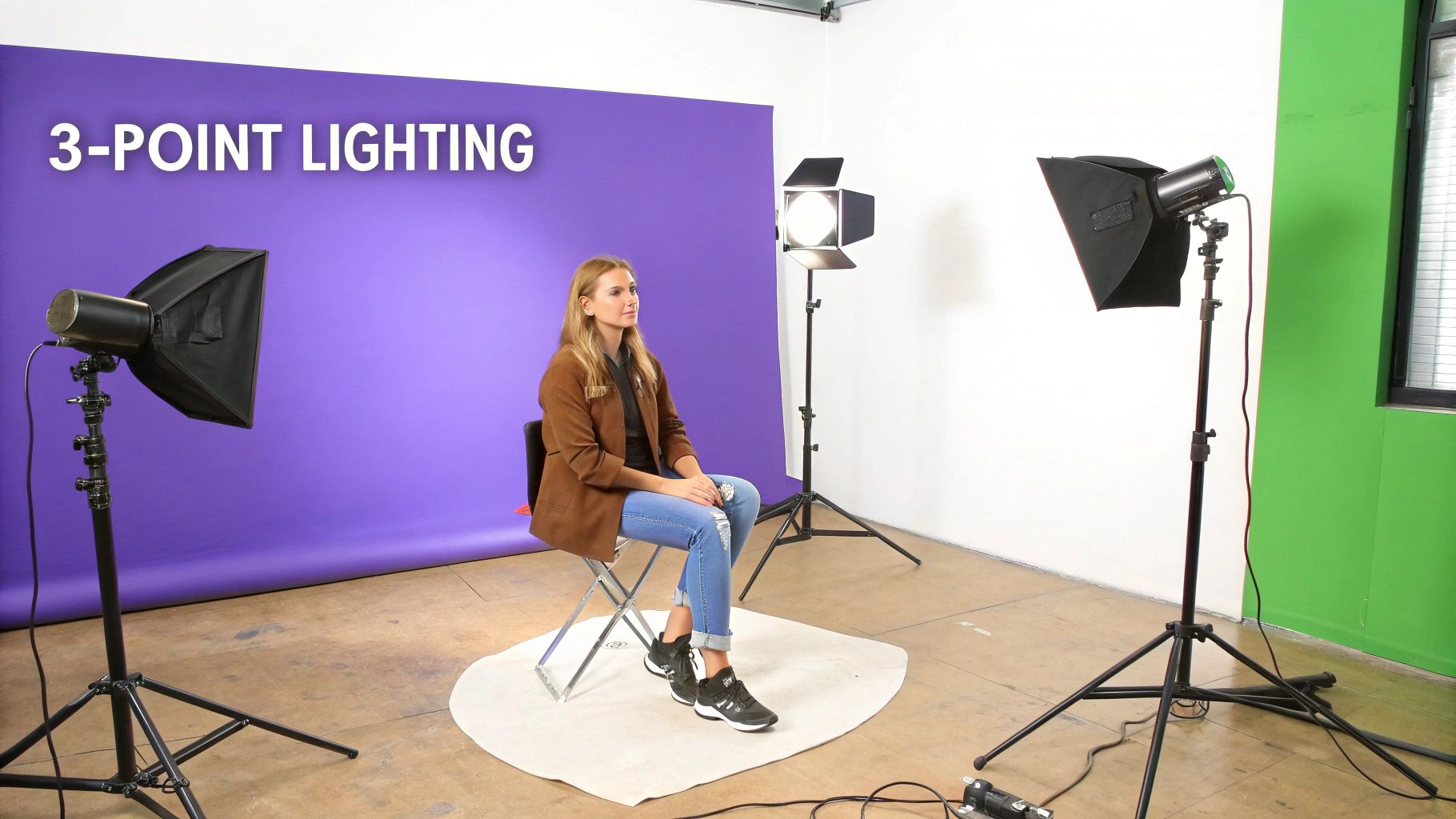 A photographer adjusting their camera settings while a studio light is set up in the background.