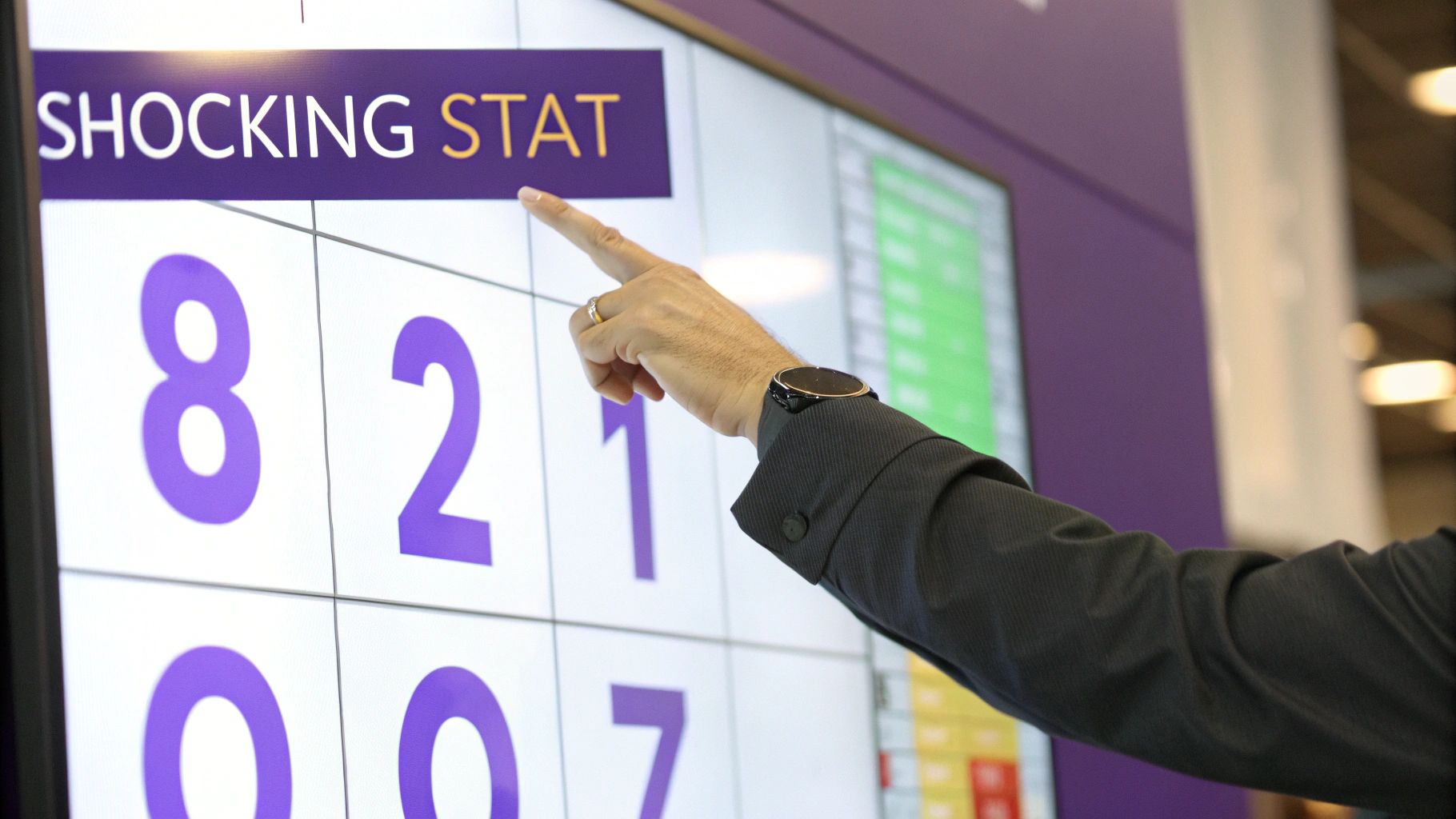 Infographic showing a large percentage symbol with a magnifying glass over it, representing the focus on a shocking statistic to grab attention in a pitch.
