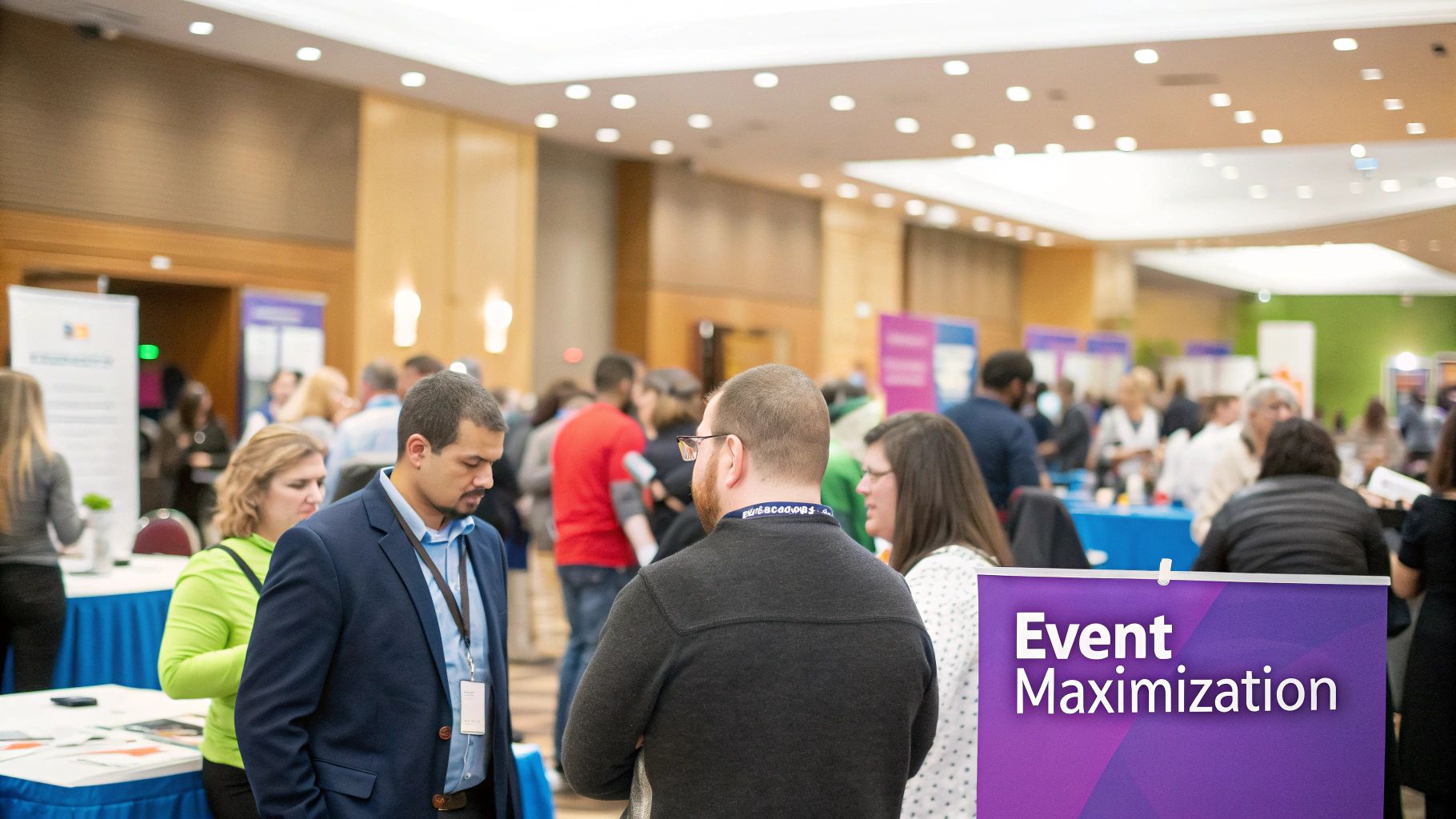An infographic illustrating the three phases of Industry Event Maximization: Pre-Event Preparation, On-Site Execution, and Post-Event Follow-Up. Each phase has bullet points of key actions.