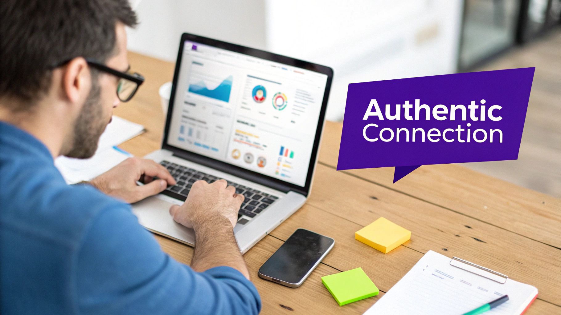 A frustrated person looking at their phone with declining engagement graphs floating around them.