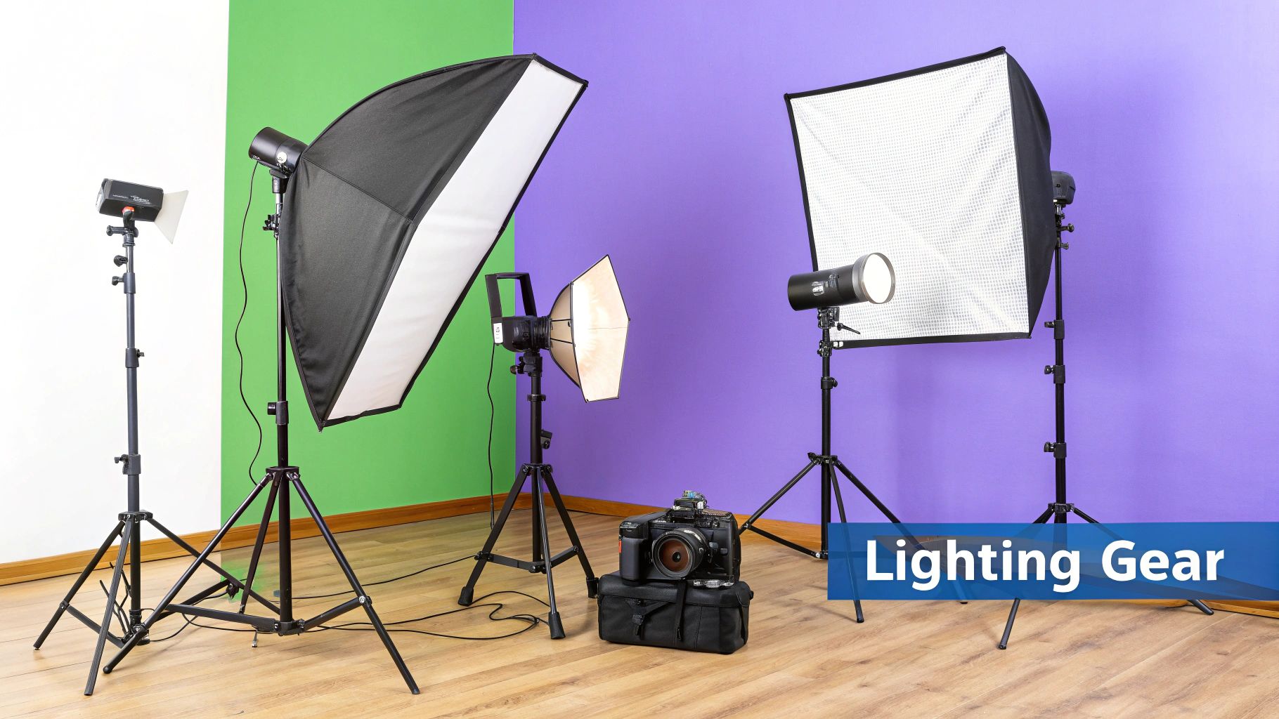 A photographer using a softbox to light a subject in a studio