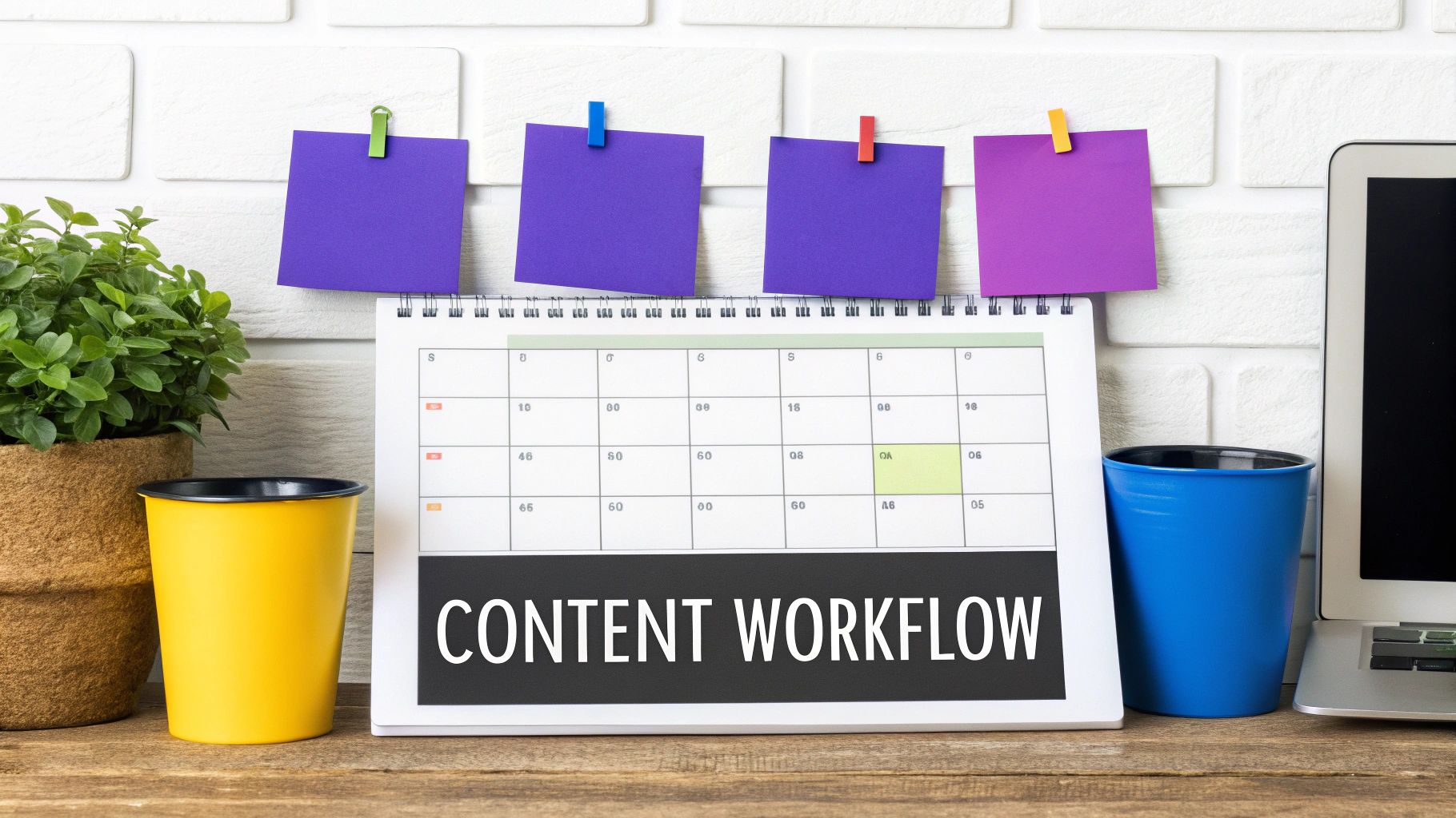A person at a desk planning out a content workflow on a large screen, showing a calendar and various content ideas.