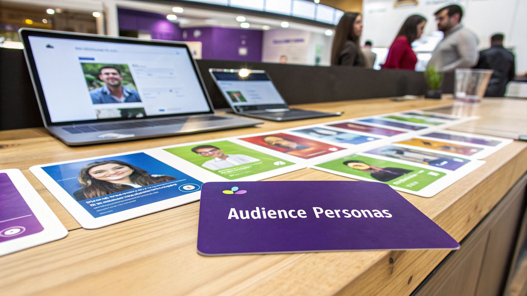 A group of diverse professionals collaborating on a brand strategy mood board with colorful sticky notes and images.