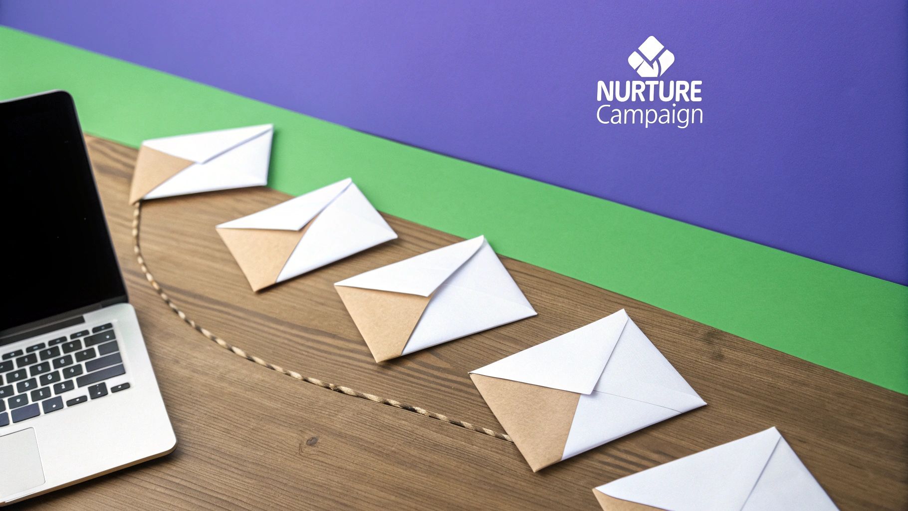 A flowchart showing a lead nurturing campaign with multiple touchpoints and content types