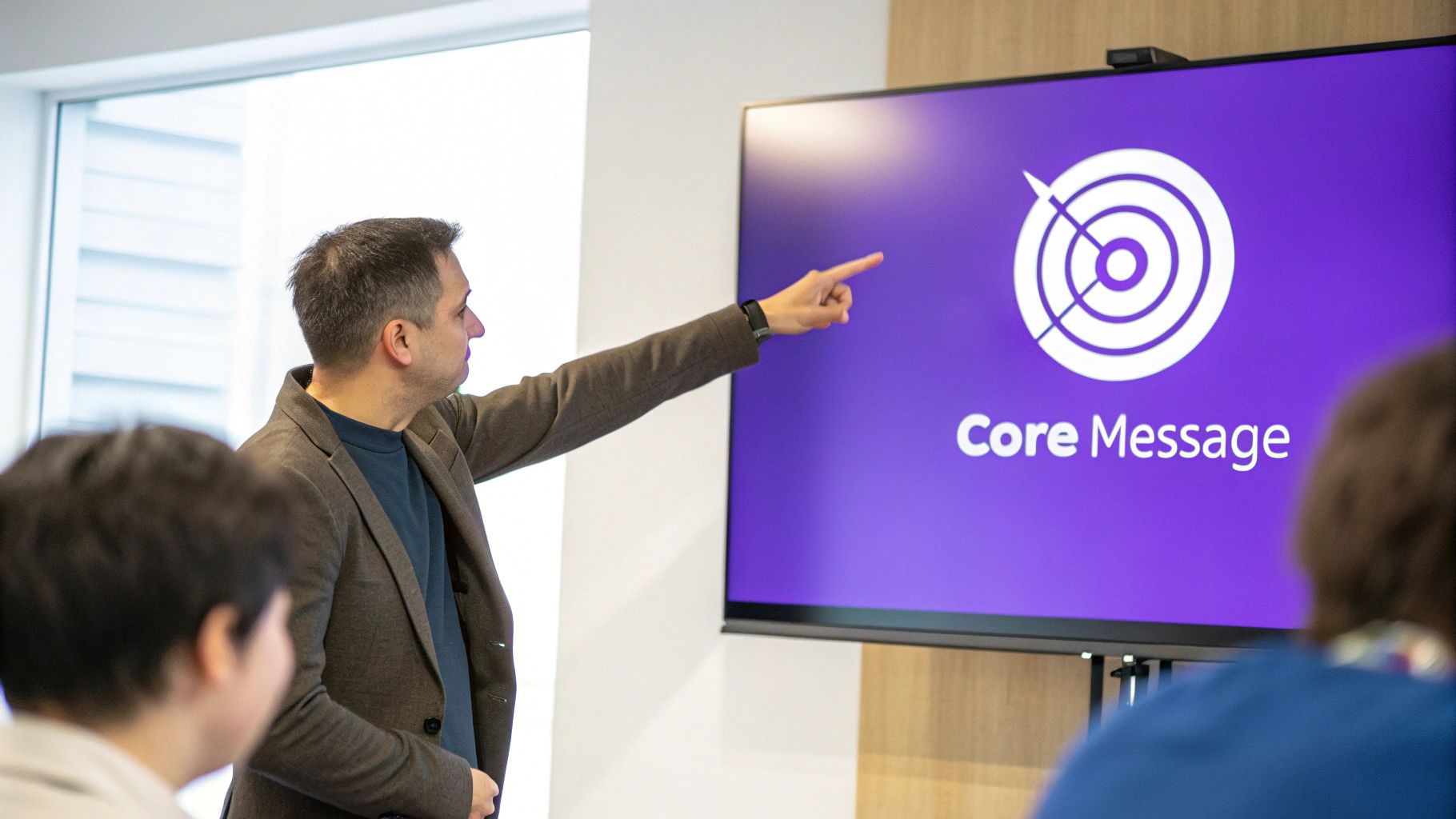 A person standing in front of a giant lightbulb, symbolizing a core idea for a presentation.