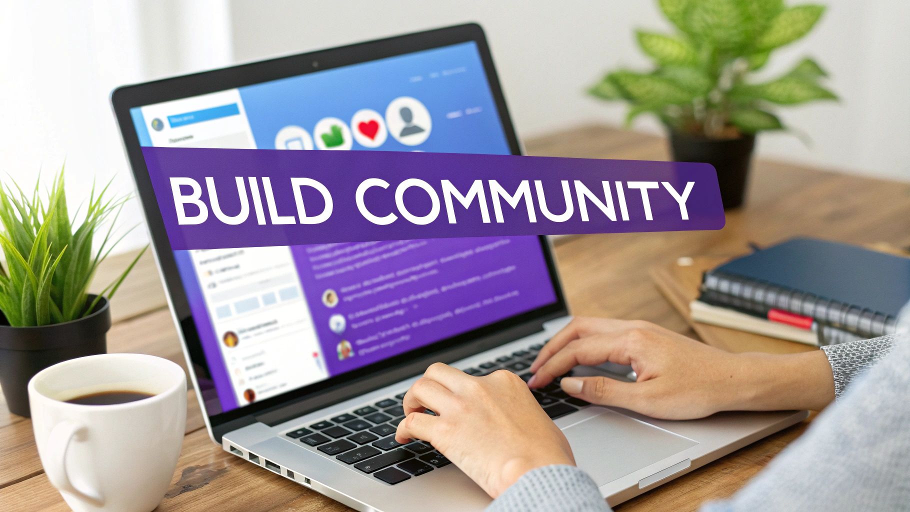 A diverse group of people connecting and talking in a vibrant, community-like setting, with social media icons interspersed.