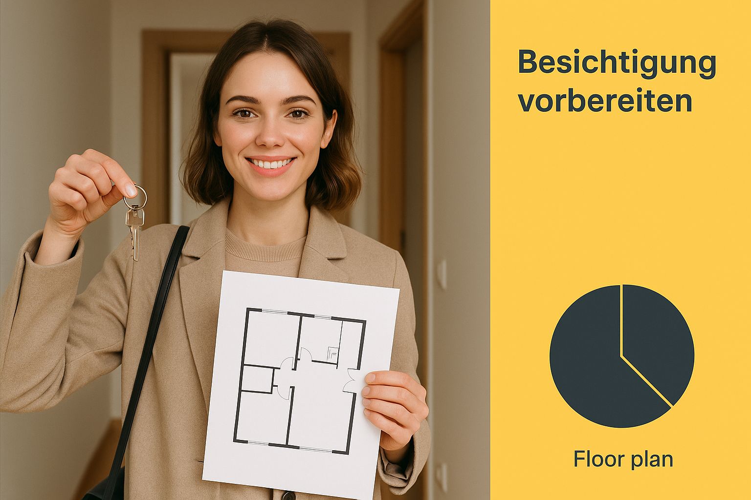 Ein Mieter hält einen Grundriss und Schlüssel in einem Flur, bereit für die Besichtigung.