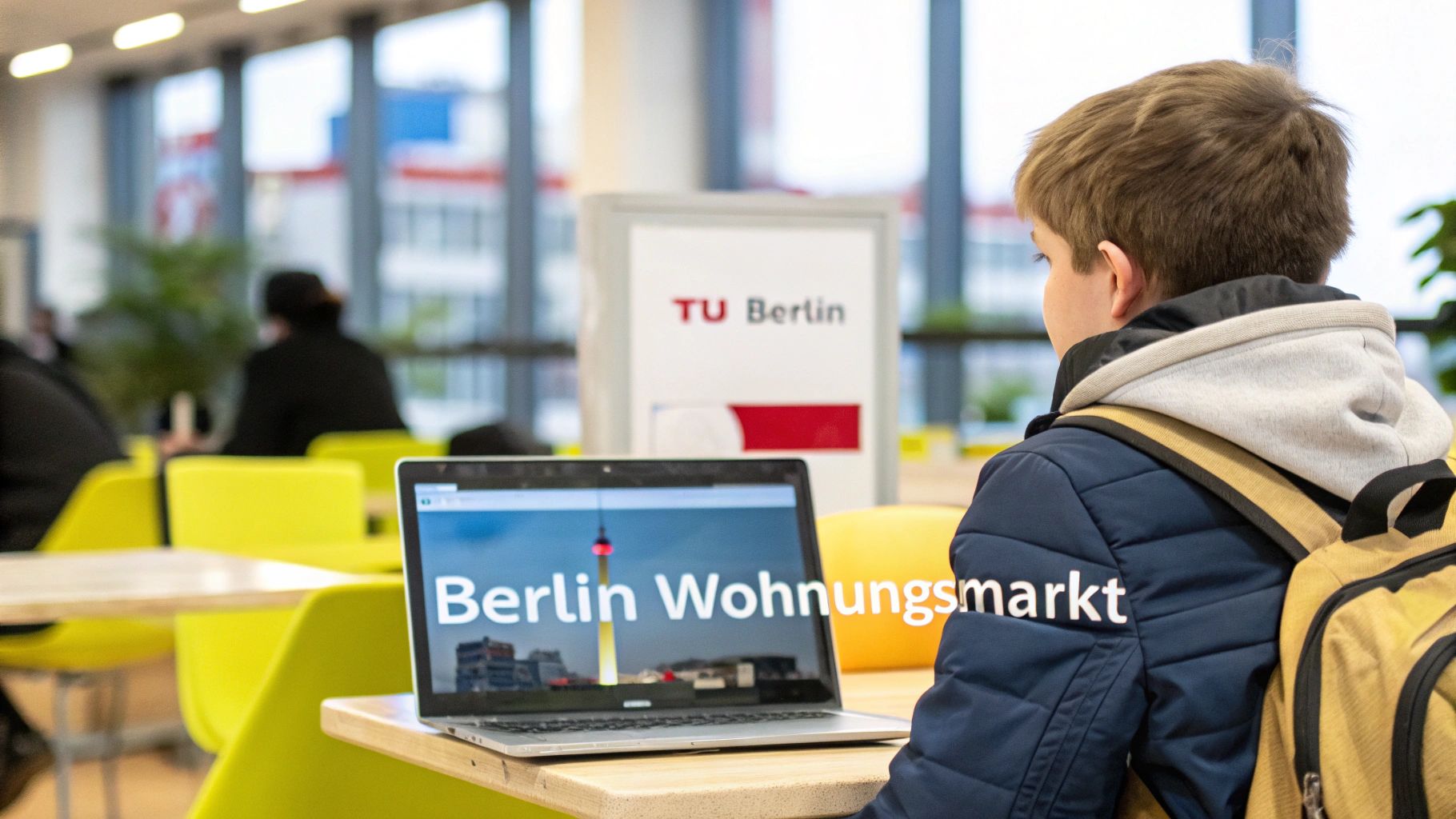 Junge Person schaut auf einen Laptop mit "Berlin Wohnungsmarkt" und Berliner Fernsehturm. Im Hintergrund ein TU Berlin Schild.