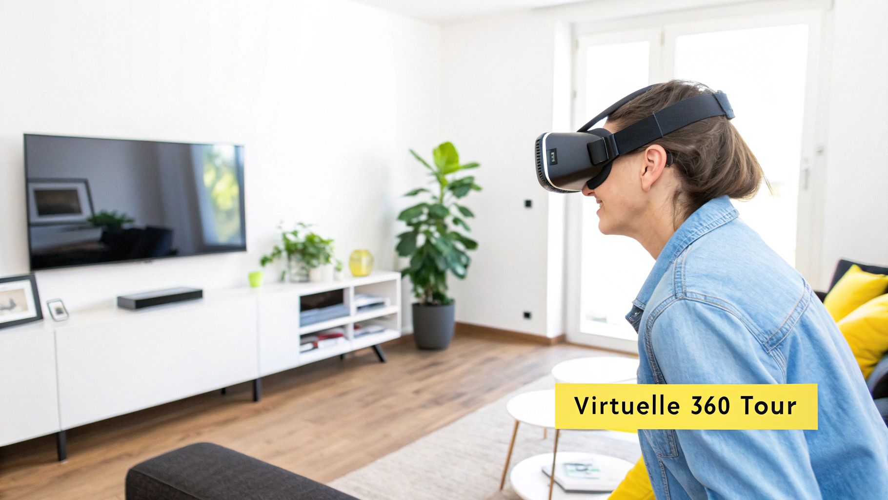 Eine Person erkundet eine Wohnung mit einer Virtual Reality Brille.