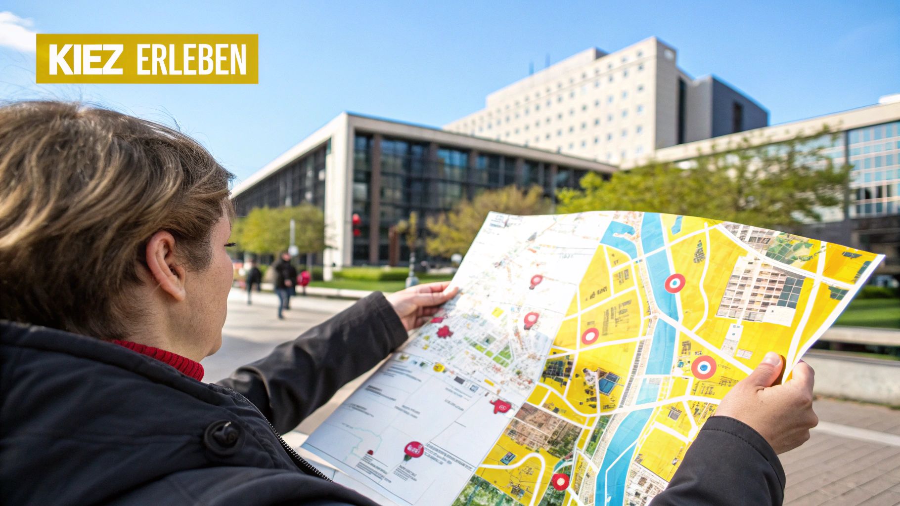 Eine belebte Straße in einem Berliner Kiez mit Cafés und Menschen, die draußen sitzen.