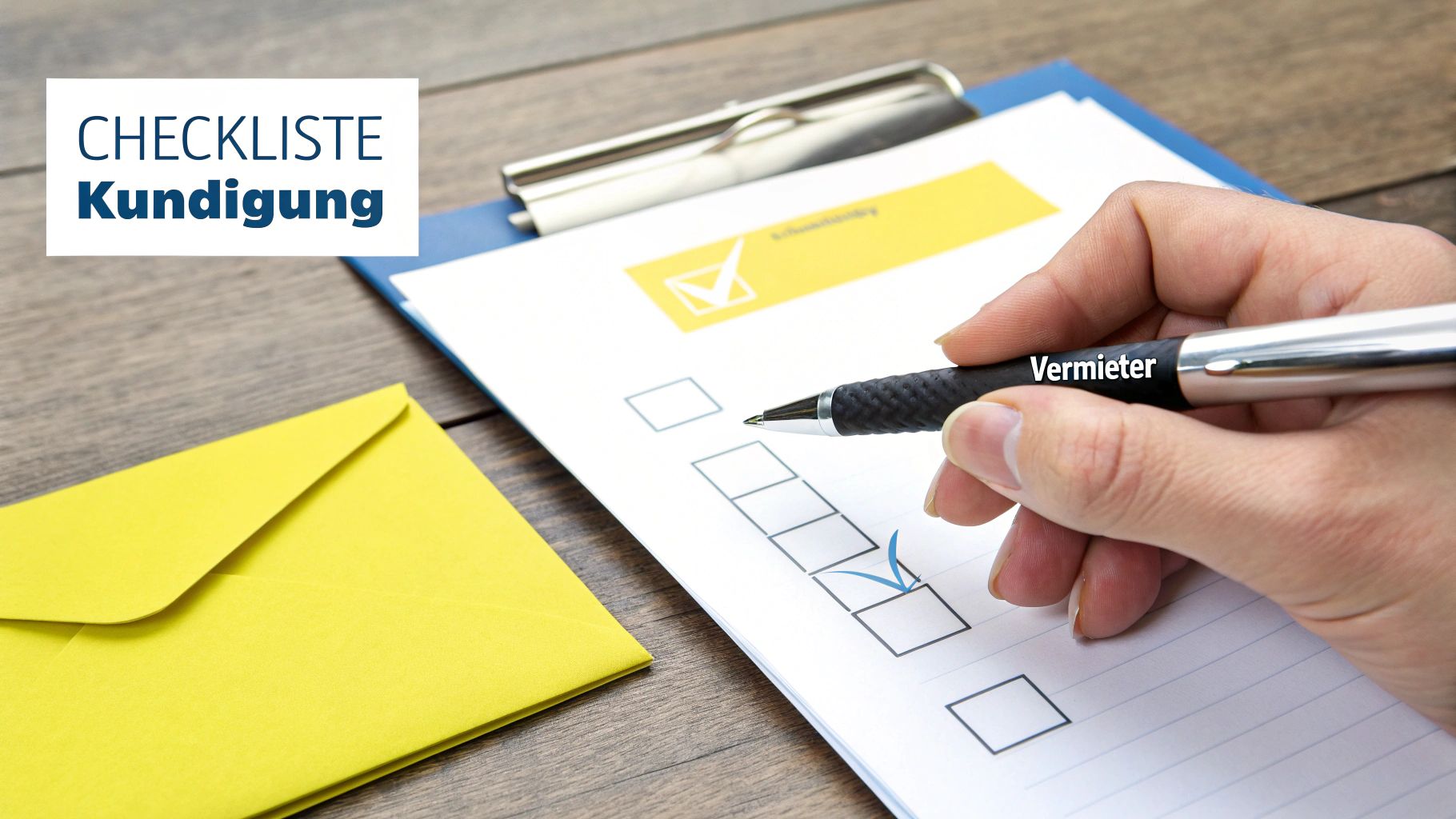 Eine Hand füllt eine Kündigungs-Checkliste mit einem Stift aus, auf dem „Vermieter“ steht. Ein gelber Umschlag liegt daneben.